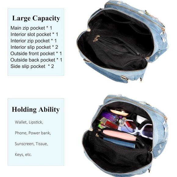 Light Blue Denim Backpack for Women - Casual Floral Embroidered Y2K Style main image 7